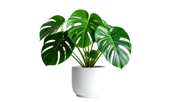 Potted monstera plant showing vibrant green leaves against black - Powered by Adobe
