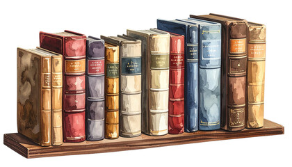 Watercolor row of old leather-bound books on a wood shelf