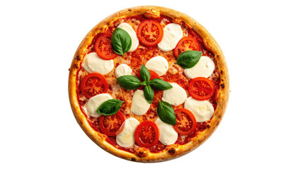 Round pizza with tomato, basil, and mozzarella topping