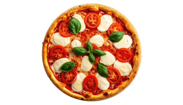 Round pizza with tomato, basil, and mozzarella topping