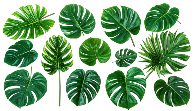 Collection of vibrant green tropical leaves against black background - Powered by Adobe