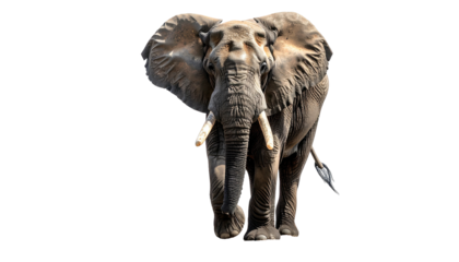 Huge elephant facing forward, tusks protruding, isolated