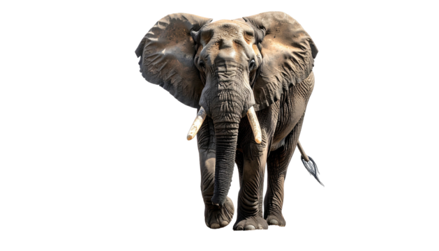 Huge elephant facing forward, tusks protruding, isolated