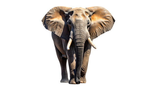 Elephant, forward-facing, with large tusks, against black