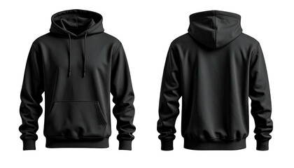 Plain black hoodie, front and back views, centered on dark ground
