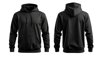 Plain black hoodie, front and back views on a black background