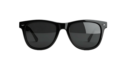 Sleek, glossy, black wayfarer sunglasses against a dark backdrop