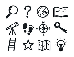 Collection of hand-drawn icons: magnifying glass, globe, book, telescope, compass, map, key