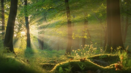 Sunlight streams through a lush green forest creating a magical atmosphere with god rays.