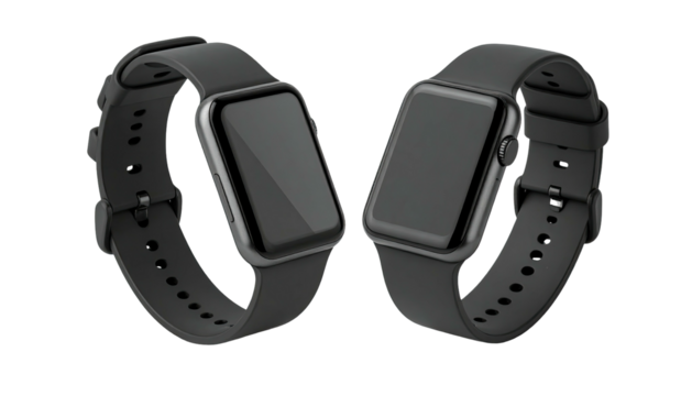 Two digital wristwatches shown in grayscale on a black background