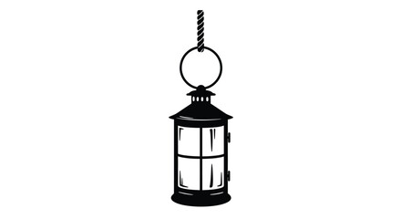 A simple black and white illustration of a hanging vintage lantern