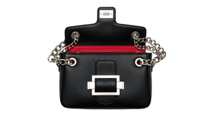 Elegant black leather shoulder bag with metal hardware and striking red lining displayed against a dark background