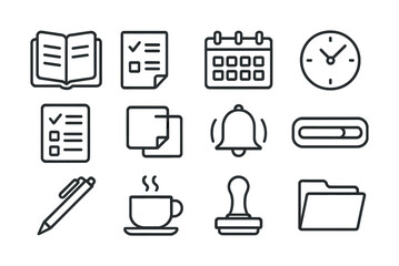 Minimalist office icons set: book, checklist, calendar, and more