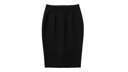Classic black pencil garment hangs isolated against a dark background