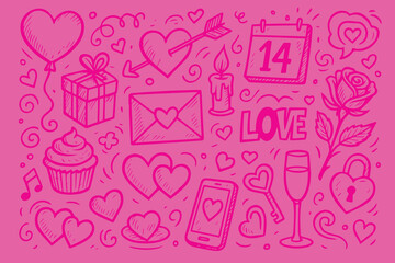 Romantic vector doodle background themed around Valentine’s Day, featuring hearts, arrows, and love symbols in elegant gradient pink shades, creating a warm lovely mood.