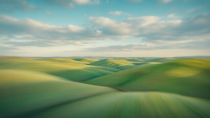 Fototapeta premium Softly blended abstract landscape with verdant rolling hills under a cloudy sky