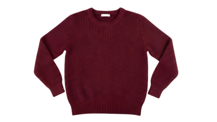 Knitted crew neck garment displays rich maroon color against a dark background