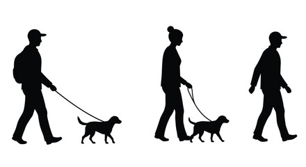 Silhouettes of people walking their dogs on a simple white background
