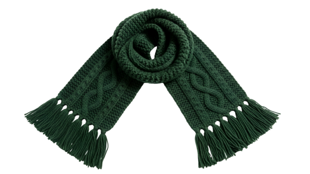 Dark green knitted winter accessory features intricate cable patterns and fringed ends