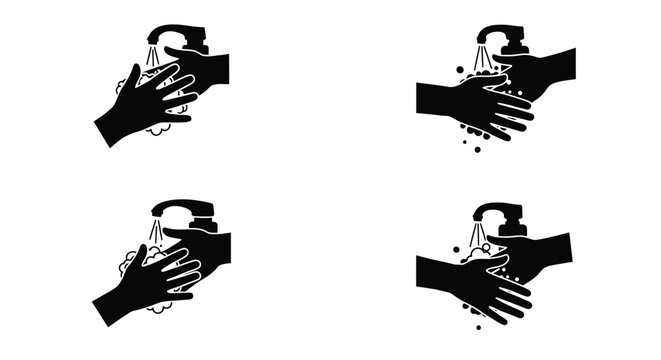 Black and white illustrations depicting proper hand washing techniques for hygiene