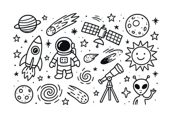 Space exploration doodles: astronaut, rocket, alien, stars, telescope