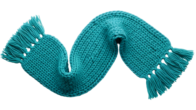 Thickly knitted bright blue winter accessory displays prominent texture against a solid dark background