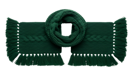 Knitted winter scarf accessory displays intricate cable patterns and fringed ends against a dark backdrop