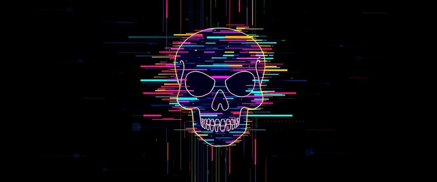 Stylized digital glitch effect forming a skull icon,  technology,  digital