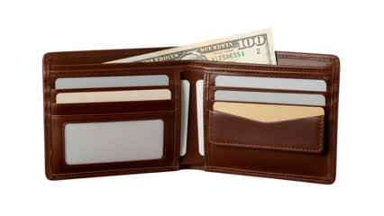 Open leather bifold wallet displays inserted currency and multiple card slots against a dark background