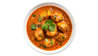 Bowl of orange curry with paneer and cilantro garnish on black
