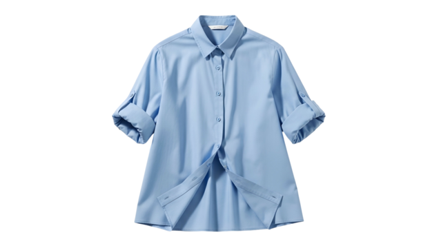 Classic light blue collared garment displays rolled-up sleeves and unbuttoned bottom hem
