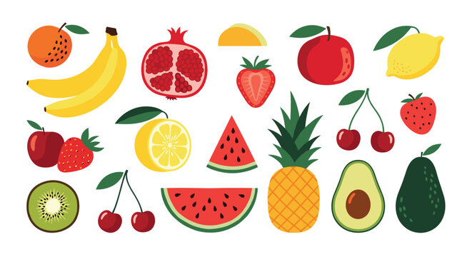 A vibrant collection of fresh and colorful cartoon-style fruits, including citrus, berries, tropical, and more, arranged on a white background.