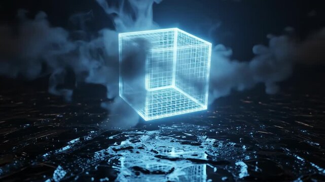 Illuminated, wireframe cube floats above a reflective, liquid-like surface, with wisps of smoke