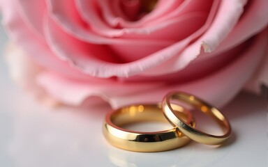 The elegant gold wedding rings beside a beautiful pink rose. High quality