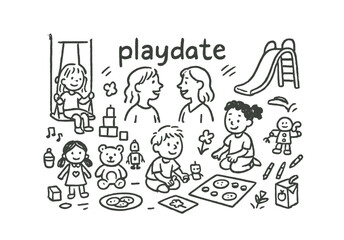 Obraz premium Children's playdate with diverse activities: swing, blocks, slide, and creative play