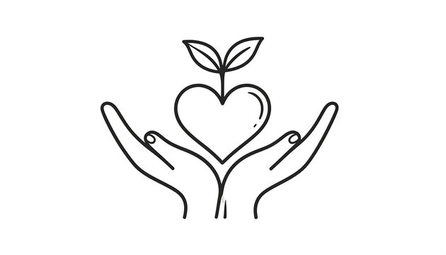 Outline of hands cradling a heart with leaves growing out of it