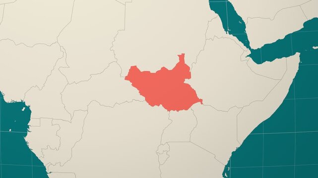 South Sudan map. Animated zoom into the country on the Globe in Teal Pale Mint color palette. Country logo animation. Map with meridians, parallels. Neat video.