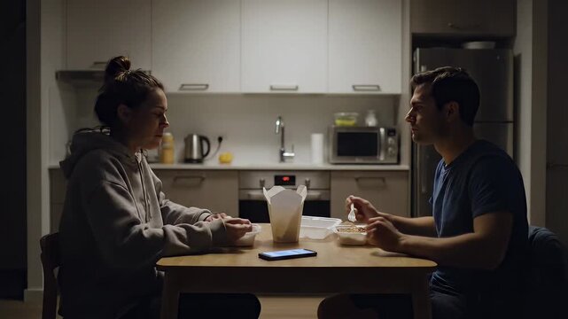A couple sits at a kitchen table eating takeaway food, with a smartphone in the foreground
