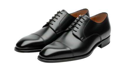 Polished black leather dress shoes featuring closed lacing detail are displayed against a solid dark background.