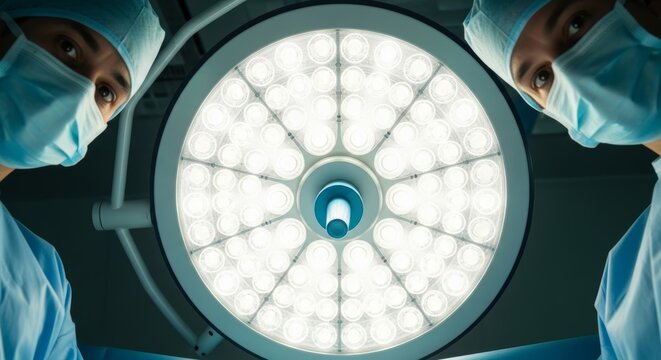Patient's point of view of two male surgeons looking down in operating room. Doctors in surgical masks and caps working under bright operating lamp.