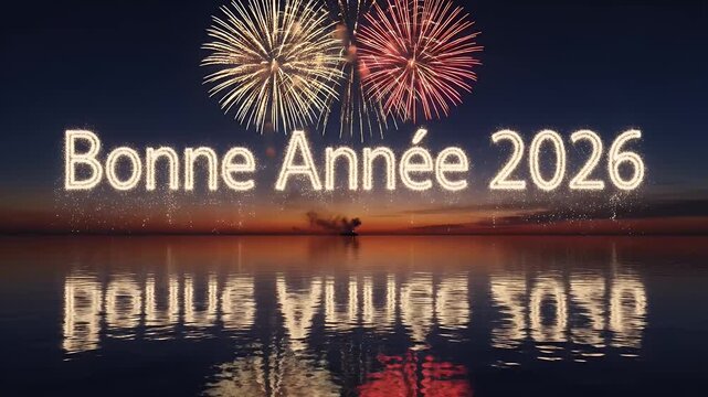 A festive New Year's greeting. Sparkly text "Bonne Ann?e 2026" appears above a mirrored ocean. Fireworks display