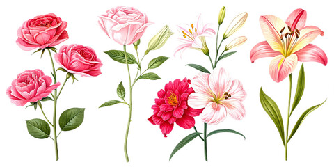 Isolated white background bouquet of pink tulips with green leaf and floral stem