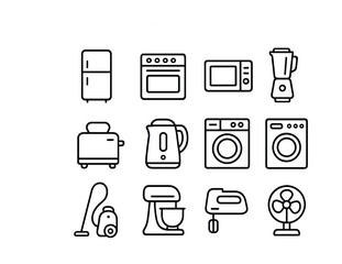 Variety of kitchen and home appliances icon set outlined in black and white