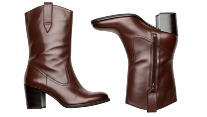 Pair of shiny, dark brown leather mid-calf boots presented from two different angles against a black background