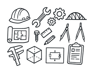 Engineering tools and symbols: hard hat, wrench, gears, blueprints, circuit design, measuring instruments