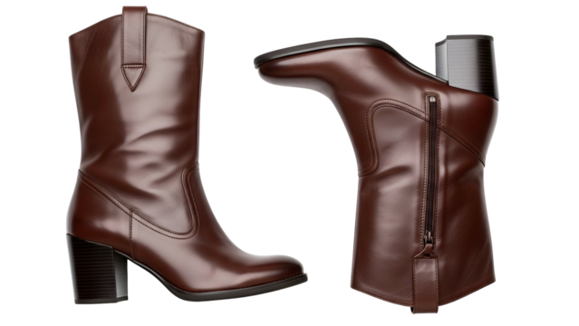 Pair of shiny, dark brown leather mid-calf boots presented from two different angles against a black background