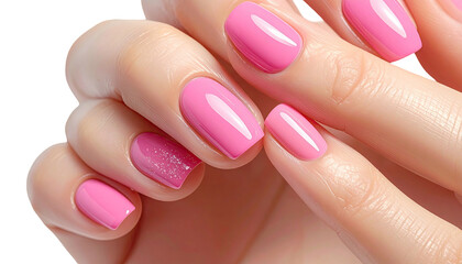 Hands with pink nails, one nail slightly textured