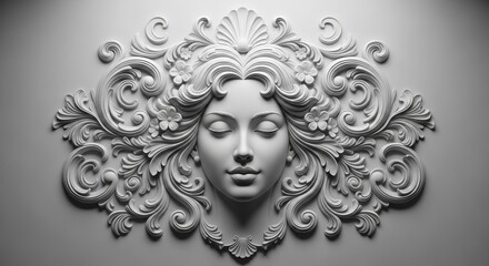 Serene woman's face in white bas-relief sculpture. Beautiful female with closed eyes and floral hair. 3D plaster art symbolizing nature, peace, and femininity.
