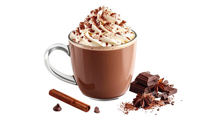 Cocoa beverage topped with whipped cream and cinnamon garnish