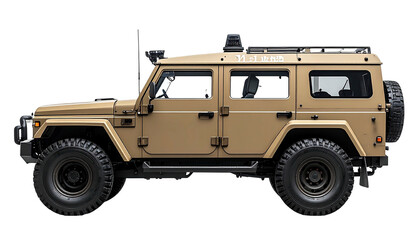 Tan SUV, side view, with black wheels, on a black backdrop